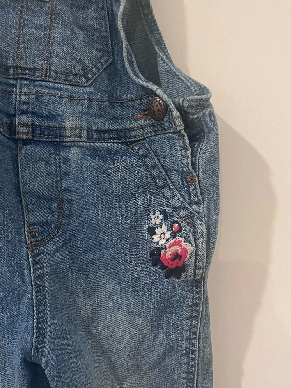 OshKosh B'gosh Toddler Girl Blue Denim Overalls with Floral Patch 3T